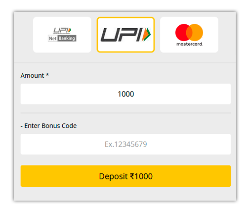 भुगतान प्रणाली के विकल्प के साथ जमा फॉर्म और 10Cric पर बोनस कोड दर्ज करें