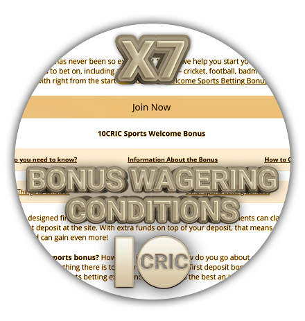 10cric logo in the background of the site page with the conditions of bonus wagering