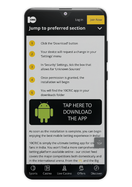 Android phone with an open 10Cric mobile app download page