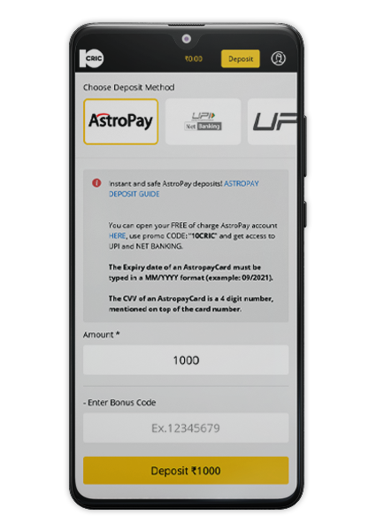 Deposit page in the 10Cric mobile app