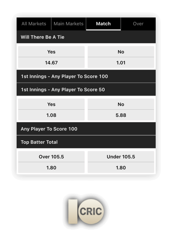 In 10cric for cricket there are different odds available