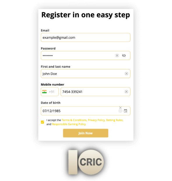 When registering on the 10cric platform, Indian users need to fill out mandatory fields